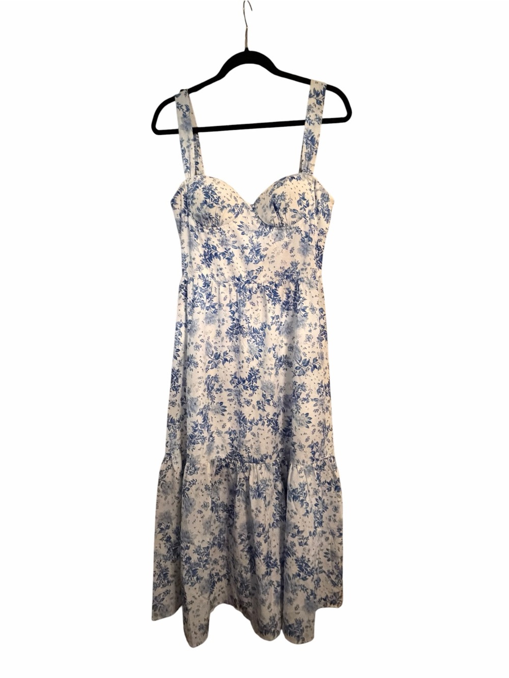 Blue Floral Midi Dress with Sweetheart Bodice